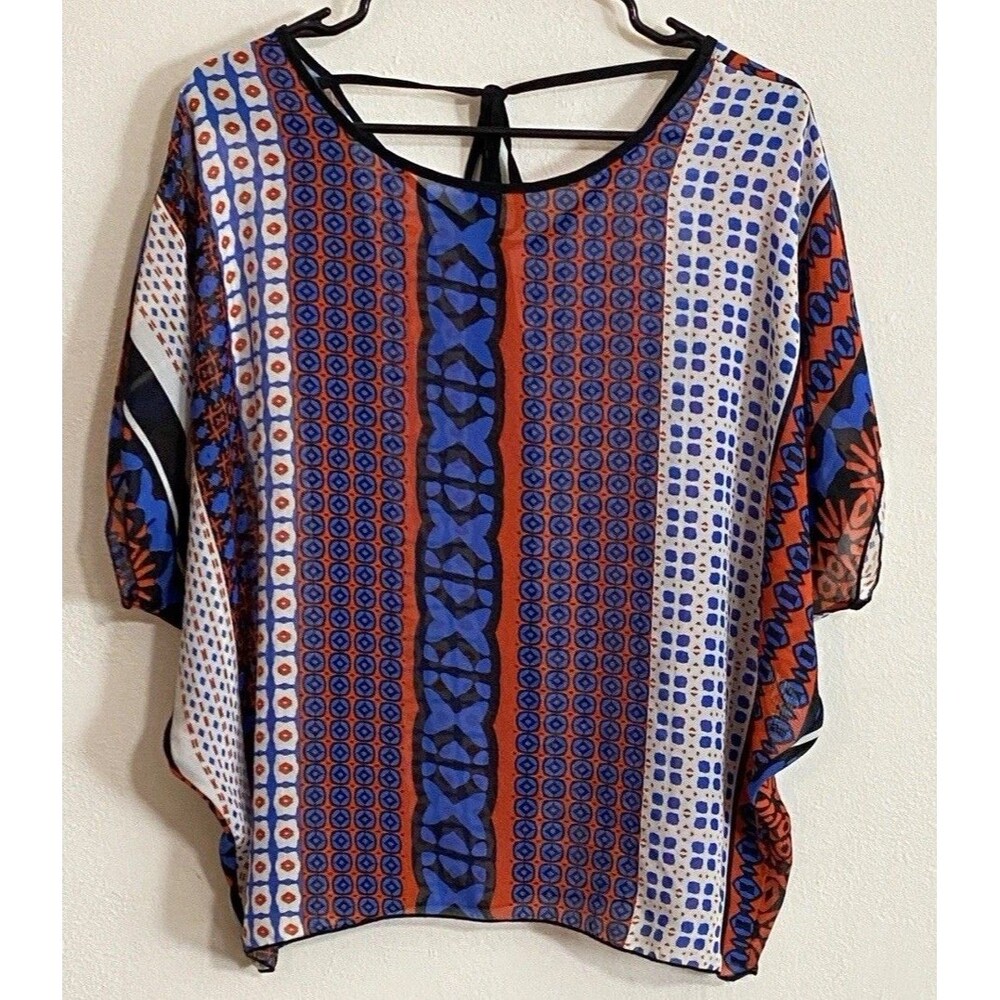 Super Line Boho Geometric Print Poncho Blouse Multi Stripe Tie Back Top Flowy